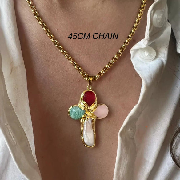 Titanium Steel Geometric Oil Drop Cross Pendant Necklace With Electroplating And O Word Chain