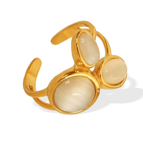 316L Stainless Steel Geometric Open Ring Inlaid With Cat's Eye Electroplated For Women