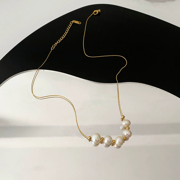 Titanium Steel Geometric Pearl Pendant Necklace For Women Light Luxury Snake Bone Chain