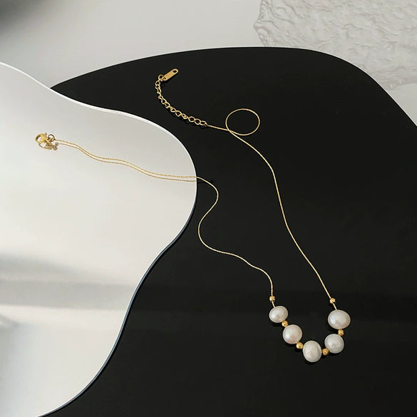 Titanium Steel Geometric Pearl Pendant Necklace For Women Light Luxury Snake Bone Chain