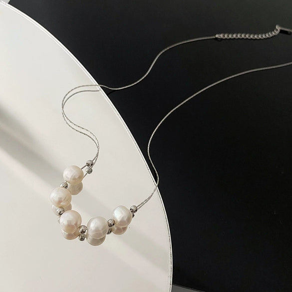 Titanium Steel Geometric Pearl Pendant Necklace For Women Light Luxury Snake Bone Chain