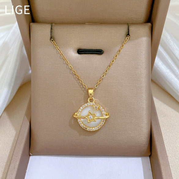 Titanium Steel Geometric Pendant Unisex Necklace With Shell Planet Zircon Design