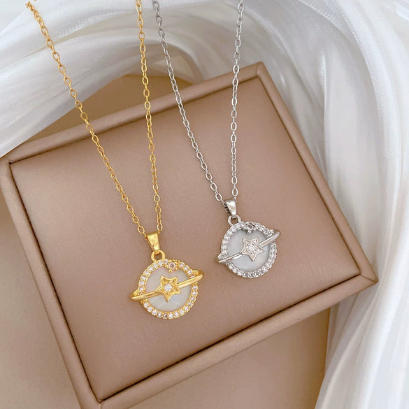 Titanium Steel Geometric Pendant Unisex Necklace With Shell Planet Zircon Design