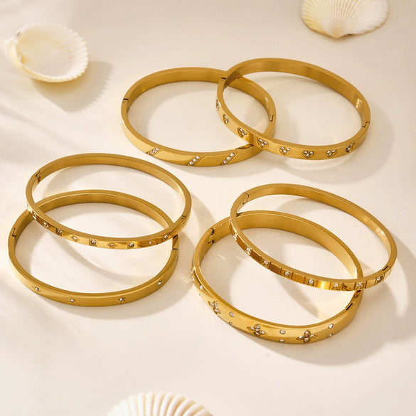 316L Stainless Steel Geometric Plain Ring Inlaid With Zircon Electroplated Bracelet Combination