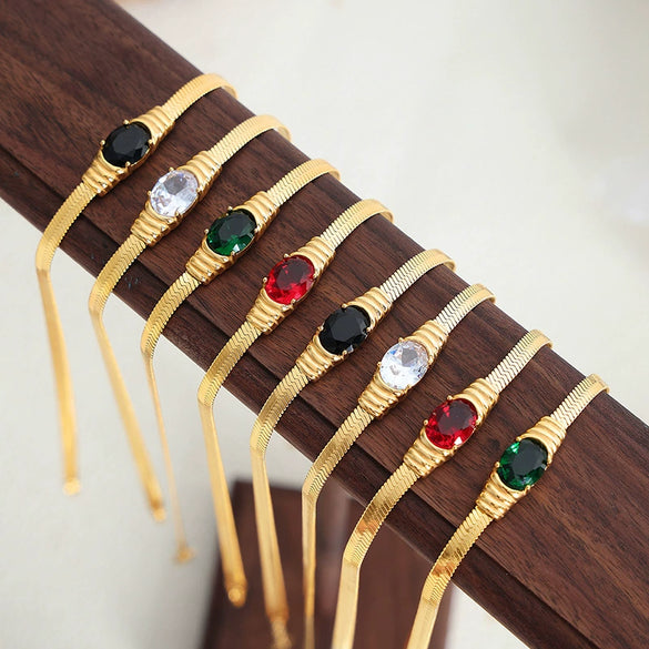 316L Stainless Steel Geometric Retro Colorful Glass Stone White Zircon Necklace Bracelet Set Electroplated For Women