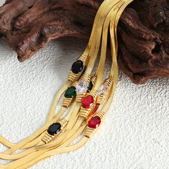 316L Stainless Steel Geometric Retro Colorful Glass Stone White Zircon Necklace Bracelet Set Electroplated For Women