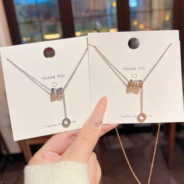 Titanium Steel Geometric Roman Tassel Electroplated Light Luxury Women's Ring Necklace Collarbone Chain With Mixed Gemstone Setting