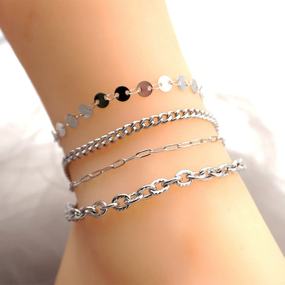Titanium Steel Geometric Round Chain Anklet Stackable Multi Layer Unisex Foot Accessories Four Piece Set