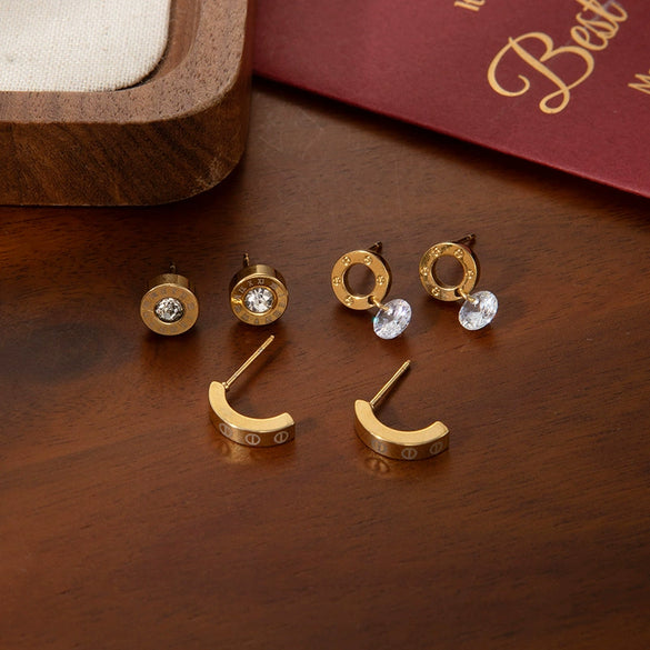 Titanium Steel Geometric Round Stud Earrings Set With Electroplating Design