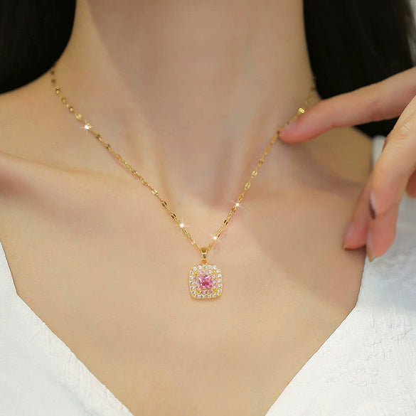 Titanium Steel Geometric Square Light Luxury Full Diamond Electroplated Women's Necklace Earrings Set