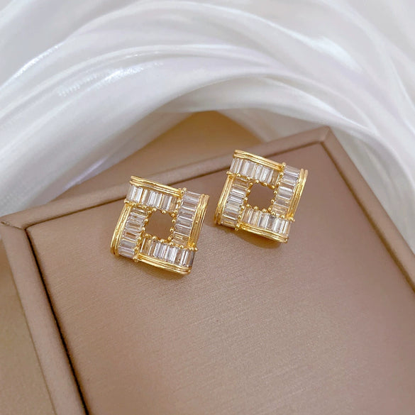 Titanium Steel Geometric Square Light Luxury Full Diamond Electroplated Women's Necklace Earrings Set