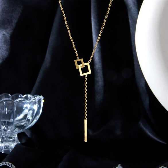 Titanium Steel Geometric Square Long Tassel Chain Necklace Light Luxury Niche Design Electroplating Treatment