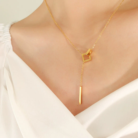 316L Stainless Steel Geometric Square Long Tassel Electroplated Clavicle Necklace For Women