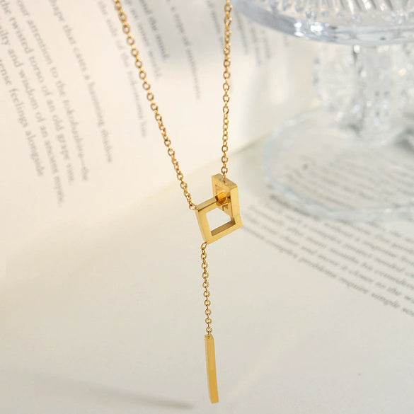 316L Stainless Steel Geometric Square Long Tassel Electroplated Clavicle Necklace For Women