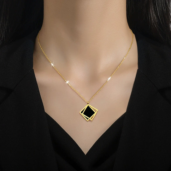 Titanium Steel Geometric Square Necklace With Furnace Real Gold Electroplating For Unisex