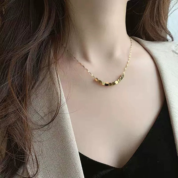 Titanium Steel Geometric Square Pendant Women's Light Luxury Electroplated Gold Necklace With Water Wave Chain
