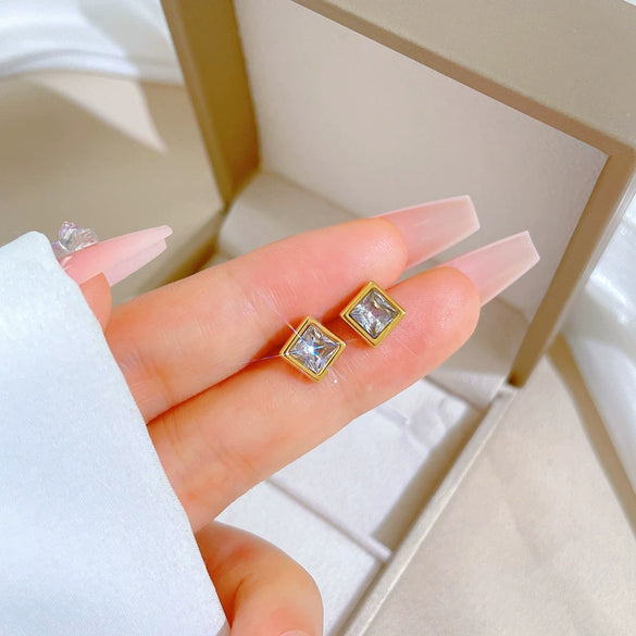 Titanium Steel Geometric Square Zircon Electroplated Minimalist Unisex Earrings
