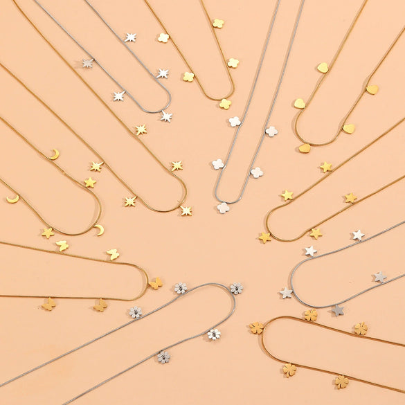 Titanium Steel Geometric Star And Moon Butterfly Pendant Necklace