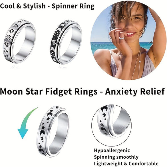 Titanium Steel Geometric Star And Moon Rotatable Decompression Women's Ring Set With Electroplating