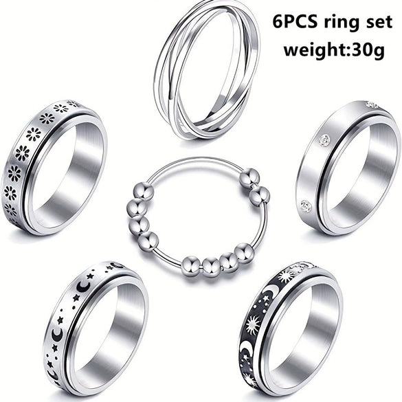 Titanium Steel Geometric Star And Moon Rotatable Decompression Women's Ring Set With Electroplating