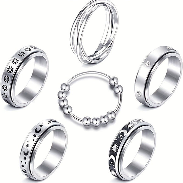 Titanium Steel Geometric Star And Moon Rotatable Decompression Women's Ring Set With Electroplating