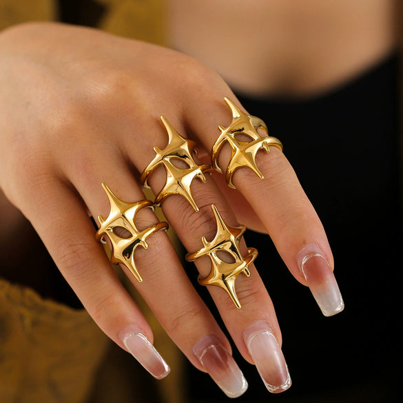 Titanium Steel Geometric Star Ring Electroplated With 18K Real Gold For Men And Women