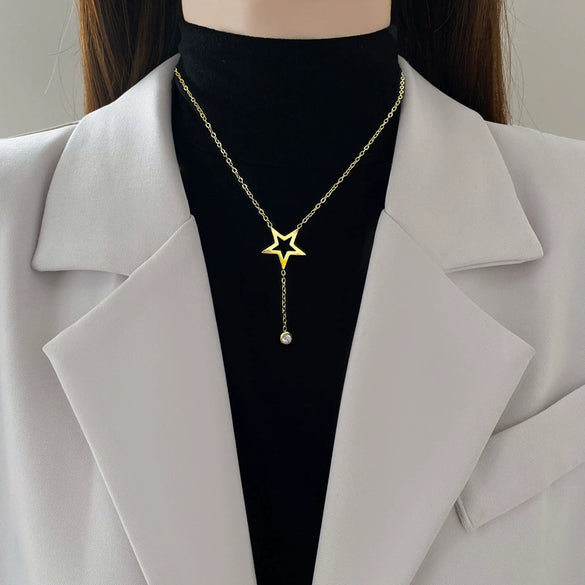 Titanium Steel Geometric Star Tassel Electroplated Necklace For Women