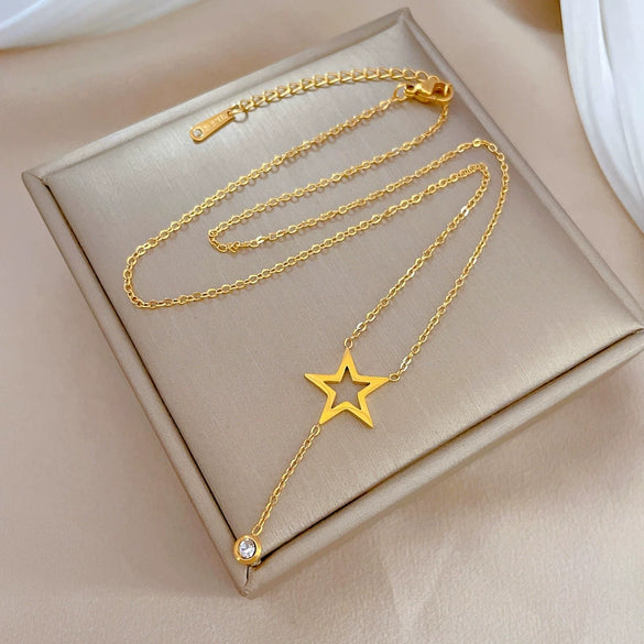 Titanium Steel Geometric Star Tassel Electroplated Necklace For Women