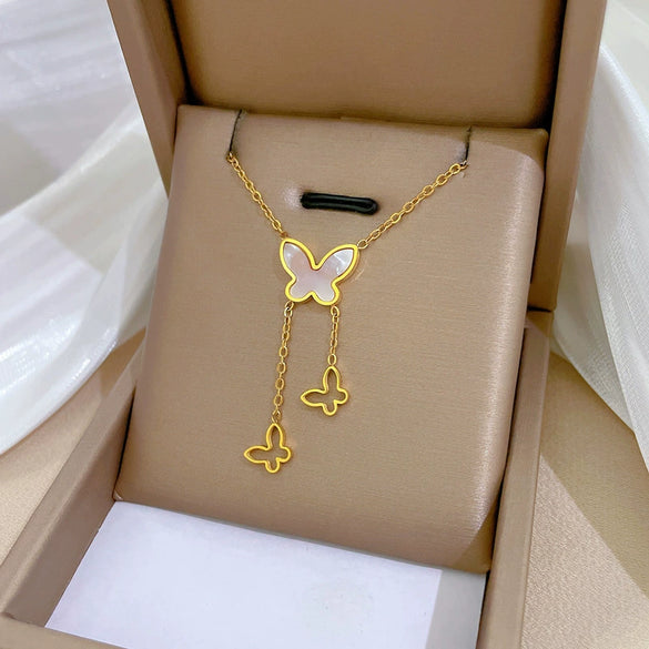 Titanium Steel Geometric Style Electroplated Women's And Unisex Clavicle Necklace With Fritillaria Butterfly Design