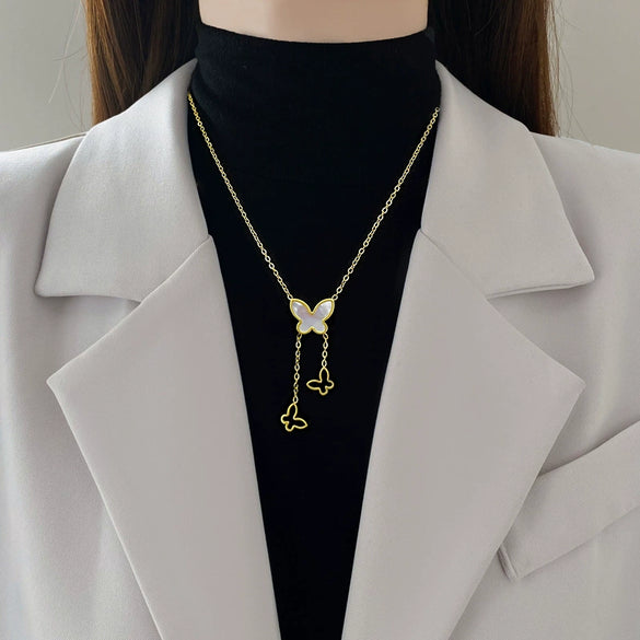Titanium Steel Geometric Style Electroplated Women's And Unisex Clavicle Necklace With Fritillaria Butterfly Design