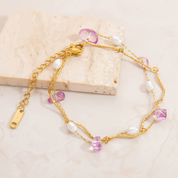 Titanium Steel Geometric Style Light Luxury Electroplated Double Layer Natural White Stone Bracelet For Women