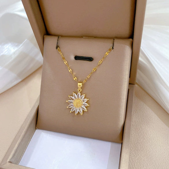 Titanium Steel Geometric Style Sunflower Pendant Women's Necklace With Diamond Treatment