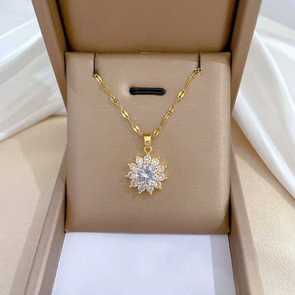 Titanium Steel Geometric Sun Flower Microinlaid Electroplated Women's Necklace Earrings Set