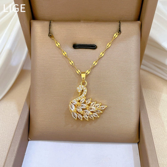 Titanium Steel Geometric Swan Women's Clavicle Chain Necklace With Diamond Pendant
