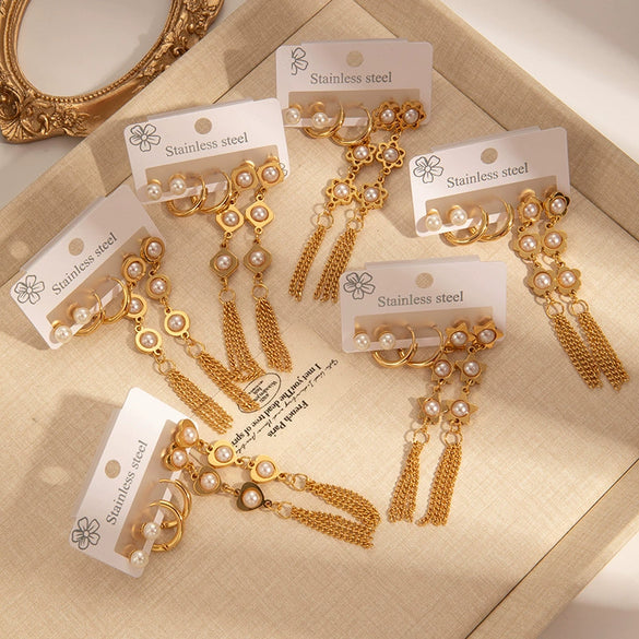 Titanium Steel Geometric Tassel Pearl Earrings For Women With Electroplating