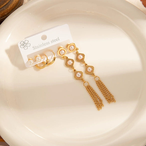 Titanium Steel Geometric Tassel Pearl Earrings For Women With Electroplating