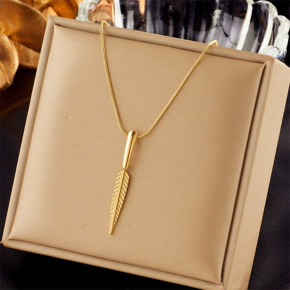 Titanium Steel Geometric Triangle Long Leaf Pendant Necklace With Electroplating