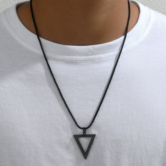 Titanium Steel Geometric Triangle Pendant Necklace With Pearl Chain Electroplated For Unisex Personality Jewelry