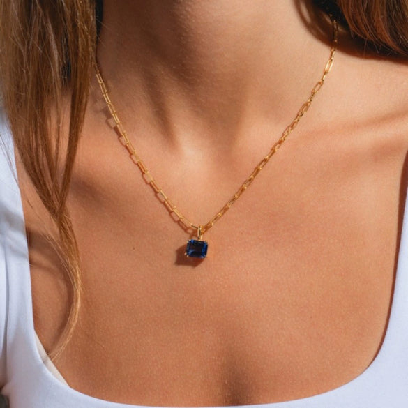 Titanium Steel Geometric Twelve Birthstone Square Pendant Necklace With O Word Chain Electroplated
