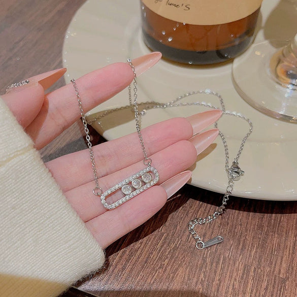 Titanium Steel Geometric Zircon Inlaid Pendant Necklace For Women Light Luxury Style