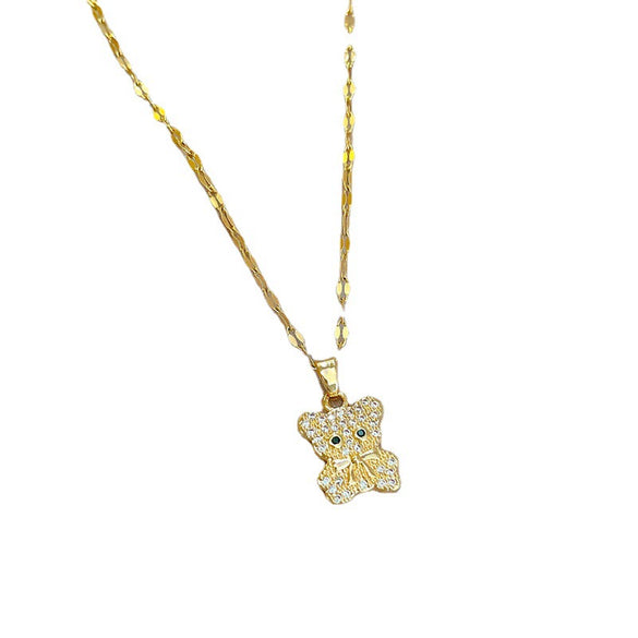 Titanium Steel Geometric Zircon Inlaid Real Gold Cute Bear Necklace For Women