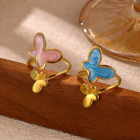 Titanium Steel Gold Plated Enamel Butterfly Open Ring In Pink And Blue Two Tone Design With Oil Drop Finish Unisex Fashion Jewelry
