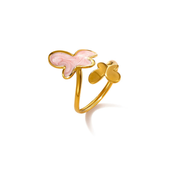 Titanium Steel Gold Plated Enamel Butterfly Open Ring In Pink And Blue Two Tone Design With Oil Drop Finish Unisex Fashion Jewelry