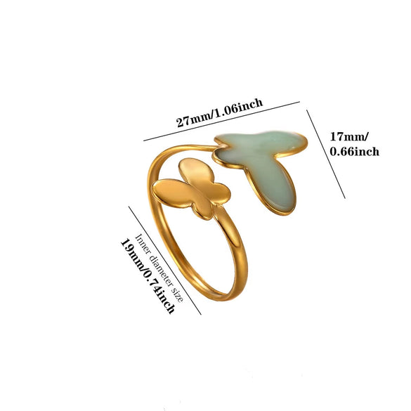 Titanium Steel Gold Plated Enamel Butterfly Open Ring In Pink And Blue Two Tone Design With Oil Drop Finish Unisex Fashion Jewelry