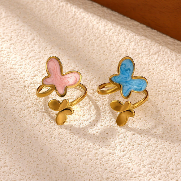 Titanium Steel Gold Plated Enamel Butterfly Open Ring In Pink And Blue Two Tone Design With Oil Drop Finish Unisex Fashion Jewelry
