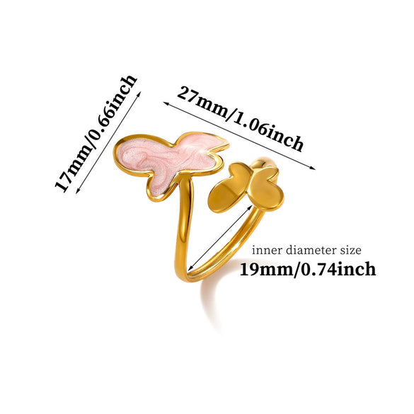 Titanium Steel Gold Plated Enamel Butterfly Open Ring In Pink And Blue Two Tone Design With Oil Drop Finish Unisex Fashion Jewelry