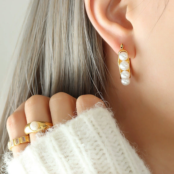 316L Stainless Steel Gold Plated Geometric Earrings Inlaid With Faux Beads For Women