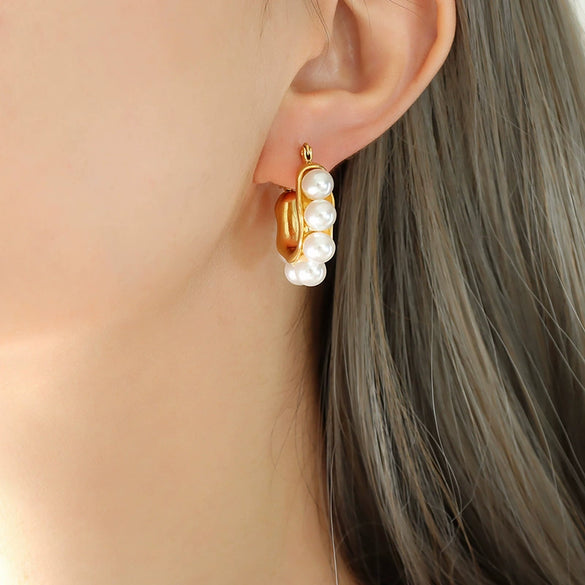 316L Stainless Steel Gold Plated Geometric Earrings Inlaid With Faux Beads For Women