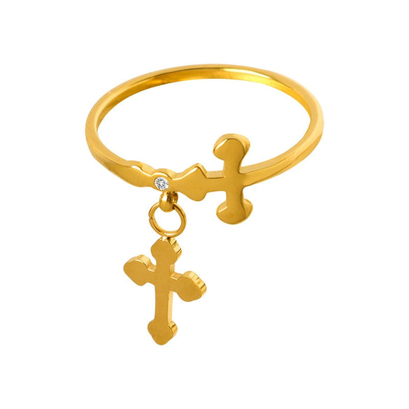 Titanium Steel Gold Plated Inlaid Zircon Cross Pendant Ring Geometric Style Jewelry For Women