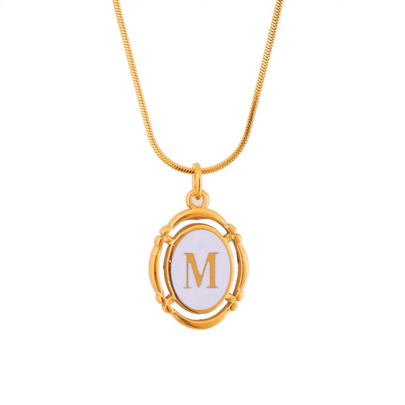 Titanium Steel Gold Plated Letter Oval Pendant Necklace With Dripping Oil Design